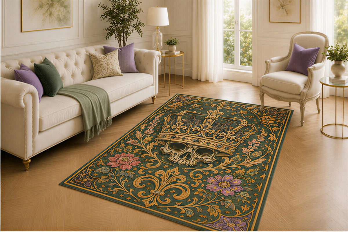 ICE ARMOR 5' x 7' Crowned Skull Rug, Fleur de Lis and Botanical Scroll Design, Smooth Printed Floor Cover for Bedroom, Office, Library and Royal Gothic Decor