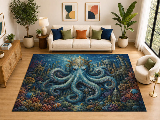 ICE ARMOR "Ultra Light Weight Large 6'7" x 9'10" Octopus City Rug for Bedroom, Soft Low Pile Indoor Rug and Non-Slip Silicone Backing, Navy Blue