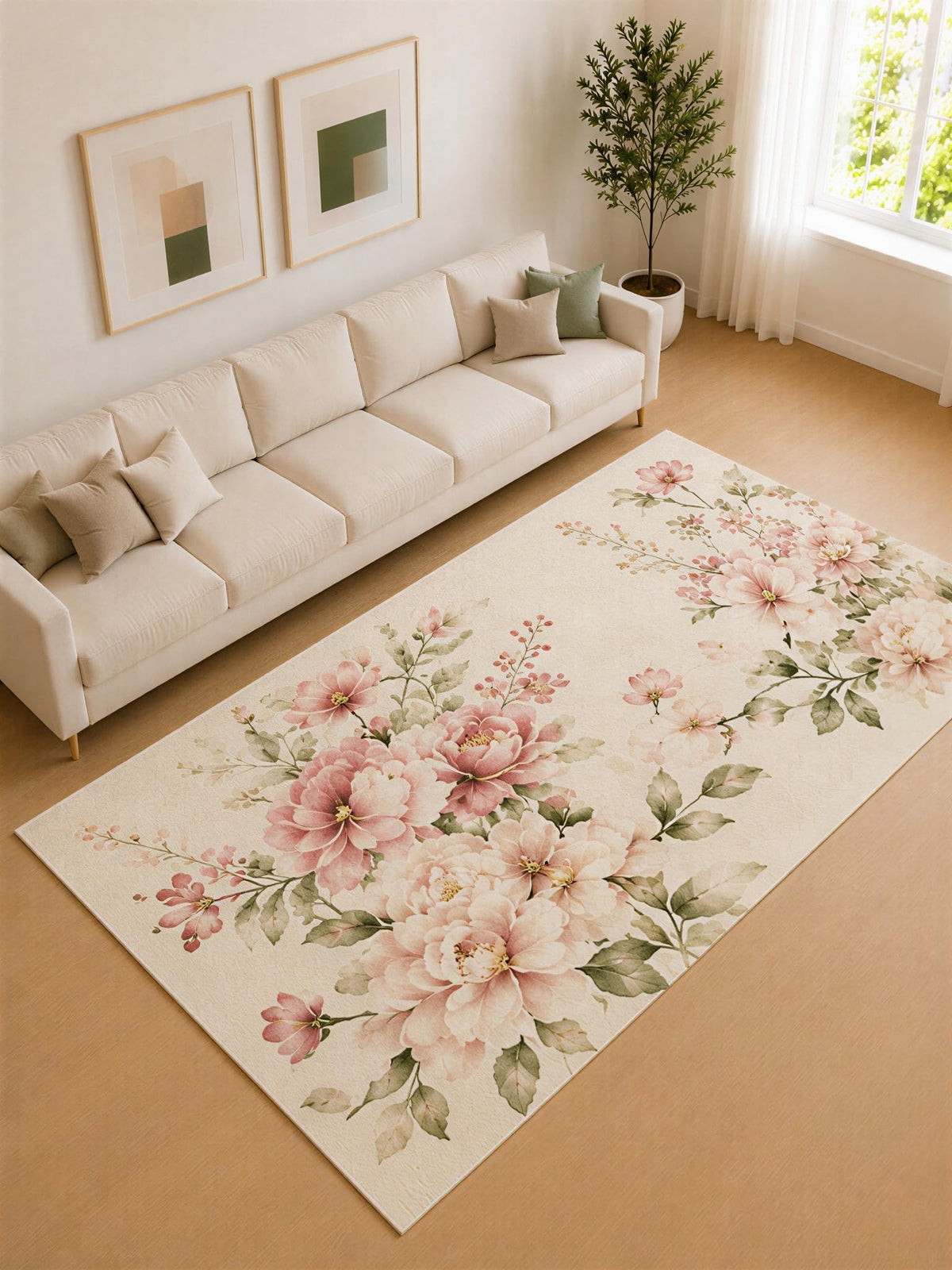 ICE ARMOR Large 6'7" x 9'10" Blush Pink and Ivory Peony Garden Area Rug for Living Room, Soft Low Pile Carpet with Non-Slip Silicone Backing, Decor for Bedroom and Home Office
