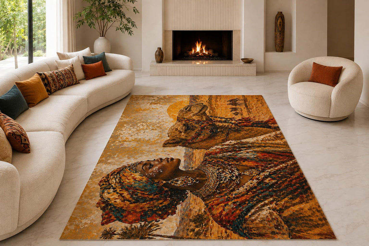 ICE ARMOR "Ultra Lightweight Large 6'7" x 9'10" Desert Queen Heritage Area Rug for Living Room, Bedroom and Home Office, Soft Low Pile Carpet with Non-Slip Silicone Backing, Amber and Brown