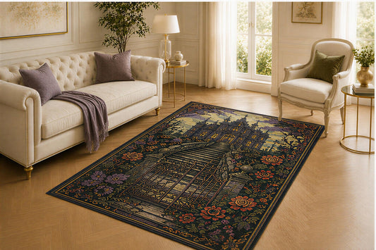 ICE ARMOR 5' x 7' Haunted Manor Rug, Rose Garden Gate and Victorian Mansion Artwork, Smooth Printed Floor Cover for Foyer, Study, Bedroom and Dark Home Decor