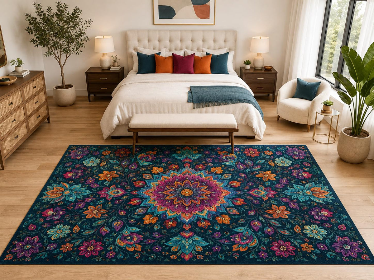 ICE ARMOR "Ultra Light Weight Large 6'7" x 9'10" Dark Floral Mandala Rug, Soft Low Pile Indoor Rug, Non-Slip Silicone Backing for Bedroom Teal