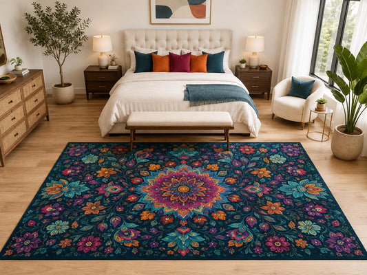 ICE ARMOR "Ultra Light Weight Large 6'7" x 9'10" Dark Floral Mandala Rug, Soft Low Pile Indoor Rug, Non-Slip Silicone Backing for Bedroom Teal