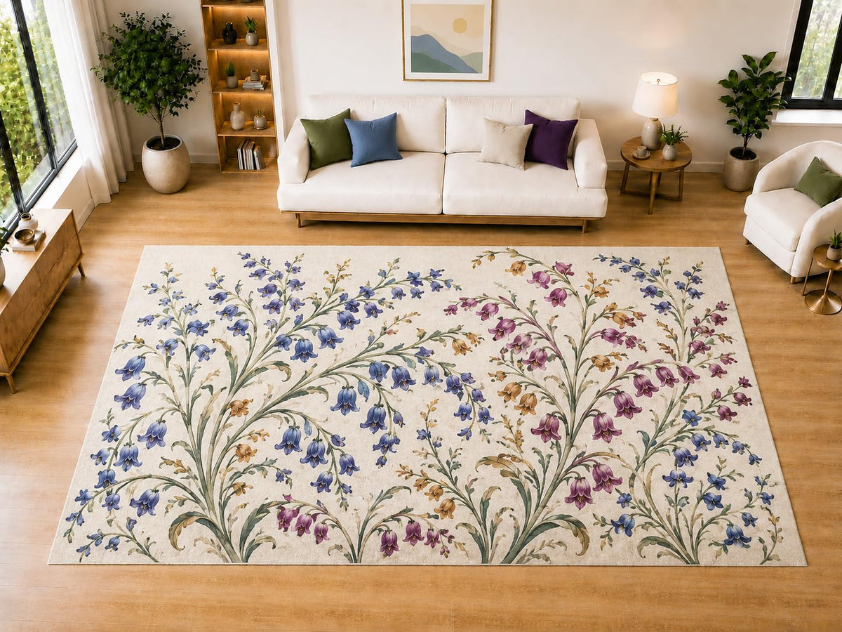 ICE ARMOR "Ultra Light Weight Large 6'7" x 9'10" Bellflower Garden Area Rug for Living Room Bedroom Dining Room, Soft Low Pile Non-Slip Backing, Blue Purple Cream Green Botanical Decor