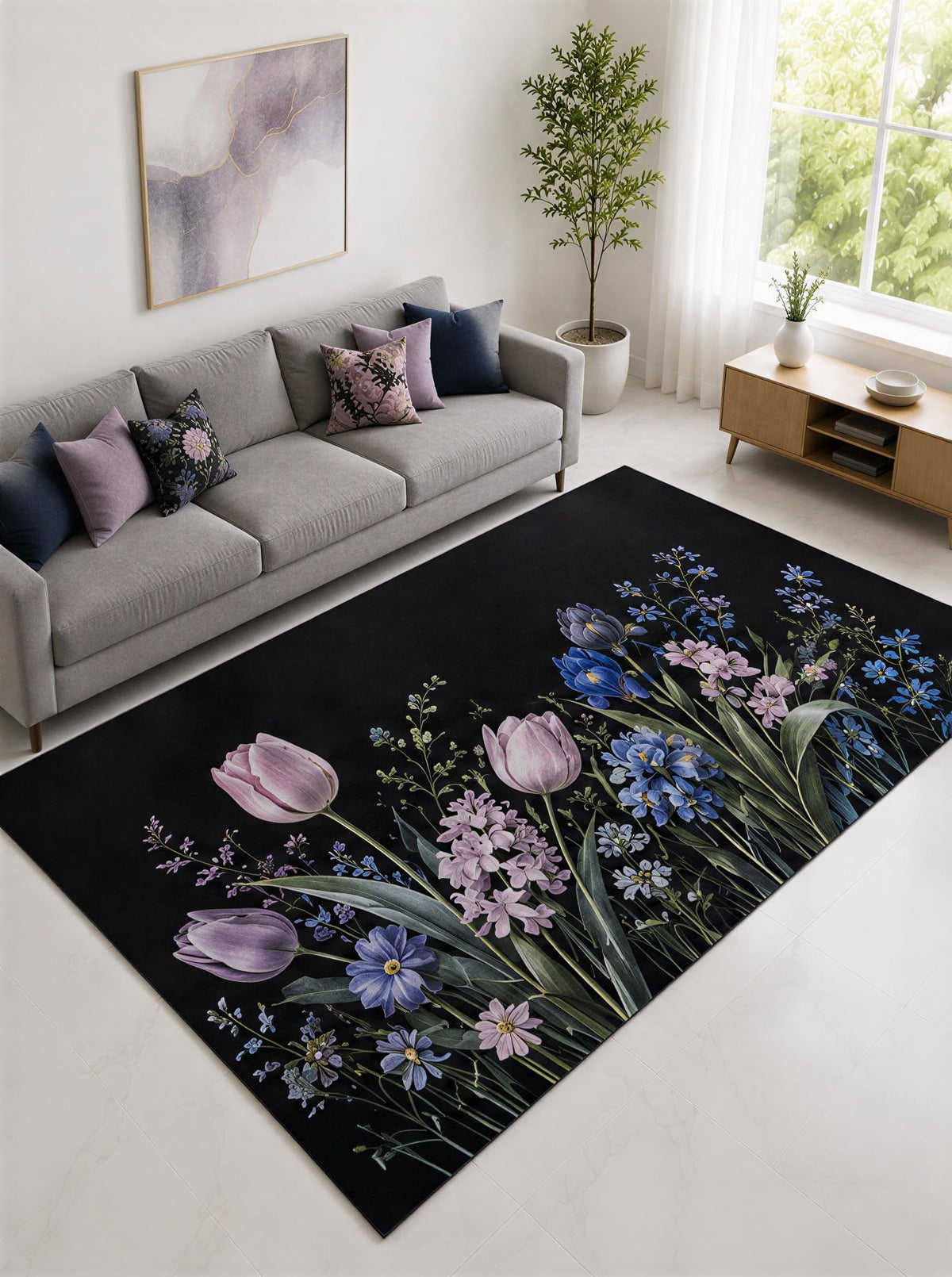 ICE ARMOR "Ultra Lightweight Large 6'7" x 9'10" Lavender and Blue Tulip Wildflower Garden Area Rug for Living Room, Bedroom and Home Office, Soft Low Pile Carpet with Non-Slip Silicone Backing