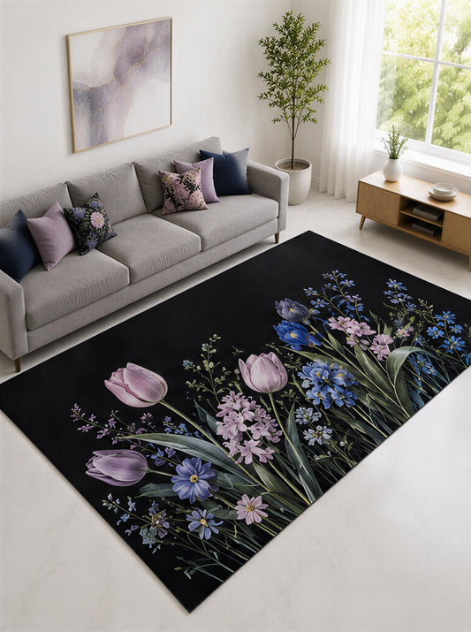 ICE ARMOR "Ultra Lightweight Large 6'7" x 9'10" Lavender and Blue Tulip Wildflower Garden Area Rug for Living Room, Bedroom and Home Office, Soft Low Pile Carpet with Non-Slip Silicone Backing