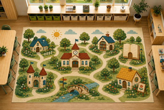 ICE ARMOR Large 6'7" x 9'10" School Village Learning Area Rug, Soft Low Pile Indoor Rug with Non-Slip Silicone Backing for Kids Room Playroom, Green