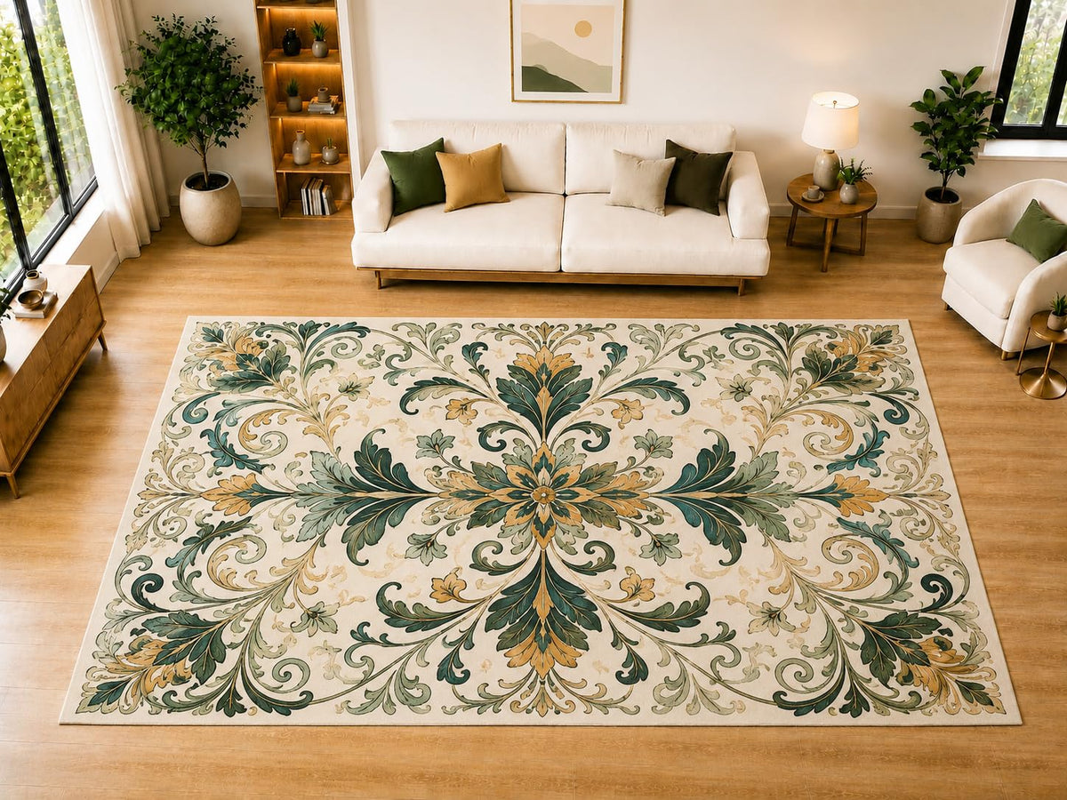 ICE ARMOR "Ultra Light Weight Large 6'7" x 9'10" Classic Acanthus Scroll Area Rug for Living Room, Bedroom, Dining Room, Soft Low Pile Non-Slip Backing, Forest Green Cream Mustard
