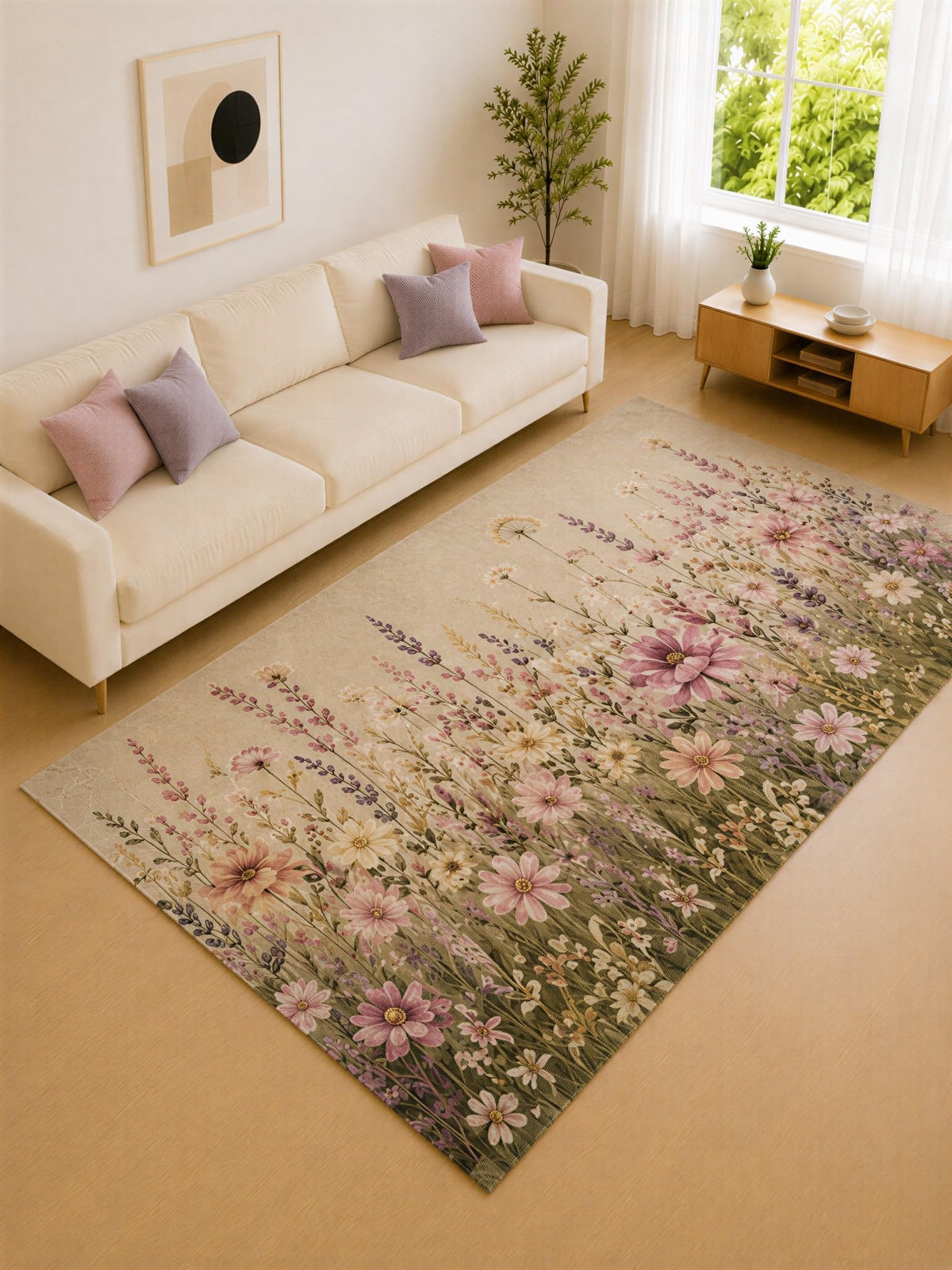 ICE ARMOR "Ultra Lightweight Large 6'7" x 9'10" Cream and Pink Cottage Meadow Area Rug for Living Room, Bedroom and Home Office, Soft Low Pile Carpet with Non-Slip Silicone Backing