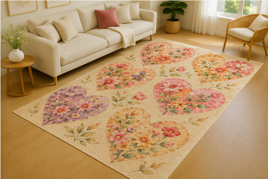 ICE ARMOR 5' x 7' Vintage Floral Heart Collage Area Rug for Living Room, Soft Low Pile Indoor Rug with Non-Slip Silicone Backing, Romantic Carpet for Bedroom, Dining Room, Office, Cream Pink