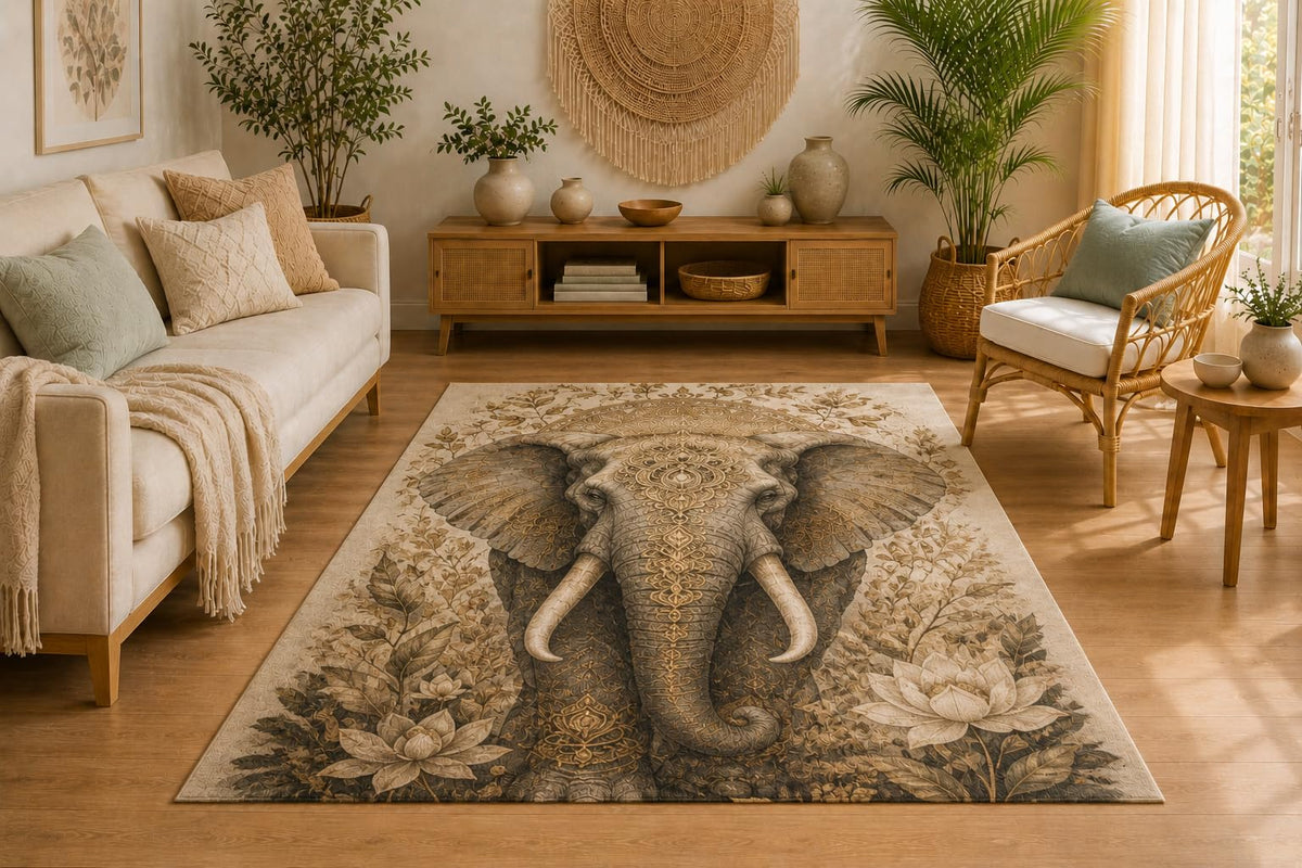 ICE ARMOR 5' x 7' Ornate Elephant Area Rug, Soft Low Pile Indoor Rug with Non-Slip Silicone Backing, Decorative Carpet for Living Room, Bedroom, Dining Room, Office, Botanical Wildlife Decor