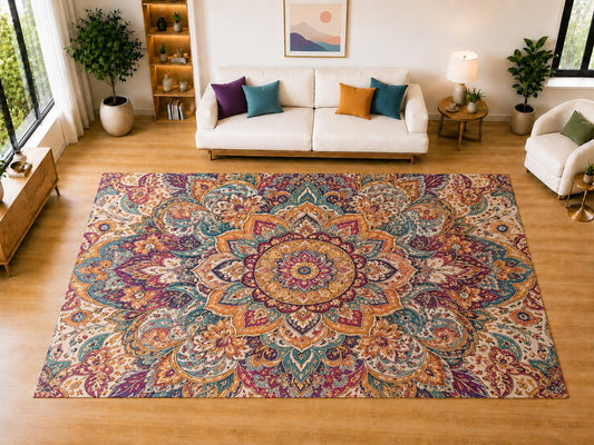 ICE ARMOR "Ultra Light Weight Large 6'7 x 9'10 Ornate Floral Mandala Area Rug for Living Room, Dining Room, and Bedroom, Soft Low Pile Indoor Rug, Bohemian Floor Decor
