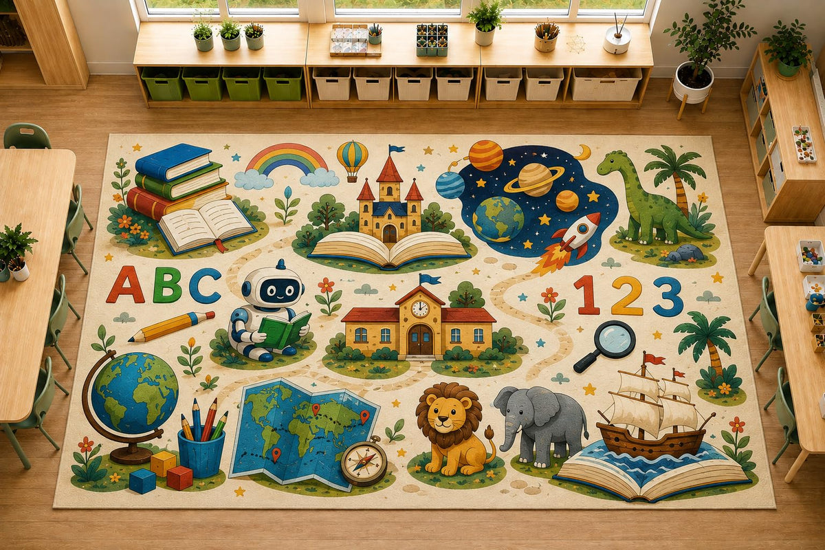 ICE ARMOR Large 6'7" x 9'10" Educational Adventure Area Rug, Soft Low Pile Indoor Rug with Non-Slip Silicone Backing for Kids Room Playroom, Beige