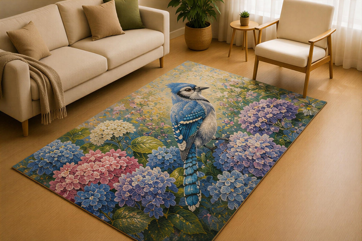 ICE ARMOR 5' x 7' Blue Jay Hydrangea Floral Area Rug for Living Room, Soft Low Pile Indoor Rug with Non-Slip Silicone Backing, Botanical Carpet for Bedroom, Office, Family Room, Blue Purple