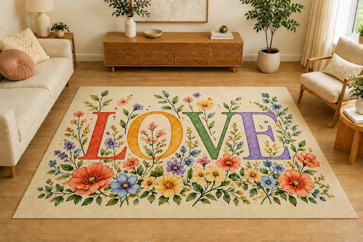 ICE ARMOR 5' x 7' Spring Flower Garden Love Area Rug, Soft Low Pile Indoor Rug with Non-Slip Silicone Backing, Decorative Carpet for Living Room, Bedroom, Nursery, Kids Room, Beige Pastel