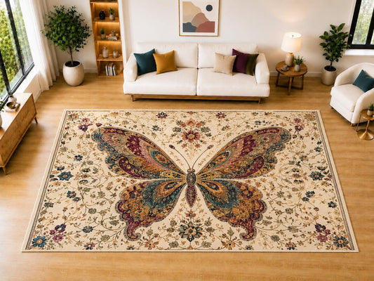 ICE ARMOR "Ultra Light Weight Large 6'7" x 9'10" Enchanted Butterfly Garden Area Rug for Living Room, Bedroom, Dining Room, Soft Low Pile Non-Slip Backing, Ivory Burgundy Teal Golden