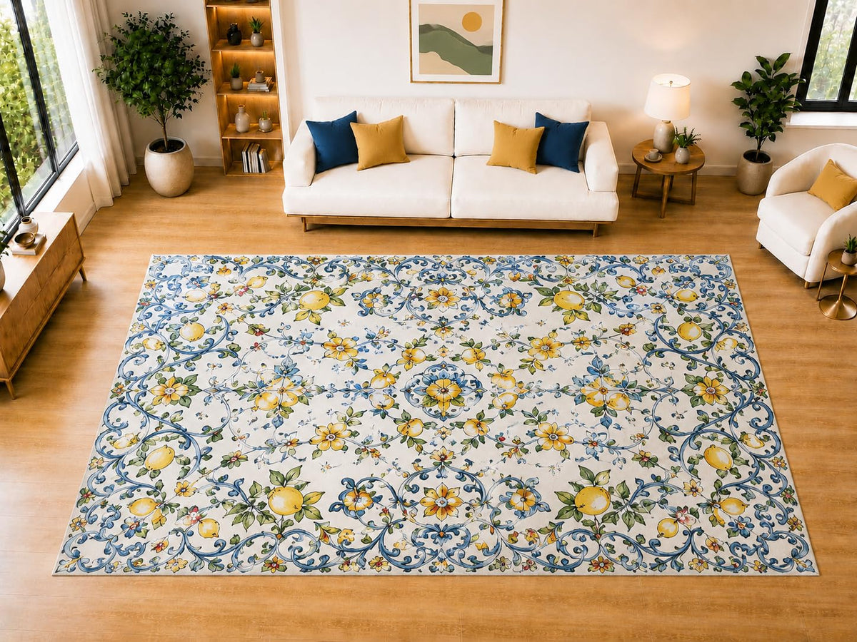 ICE ARMOR "Ultra Light Weight Large 6'7 x 9'10 Mediterranean Lemon Garden Area Rug for Living Room, Dining Room, and Bedroom, Soft Low Pile Indoor Rug, Fresh Floor Decor
