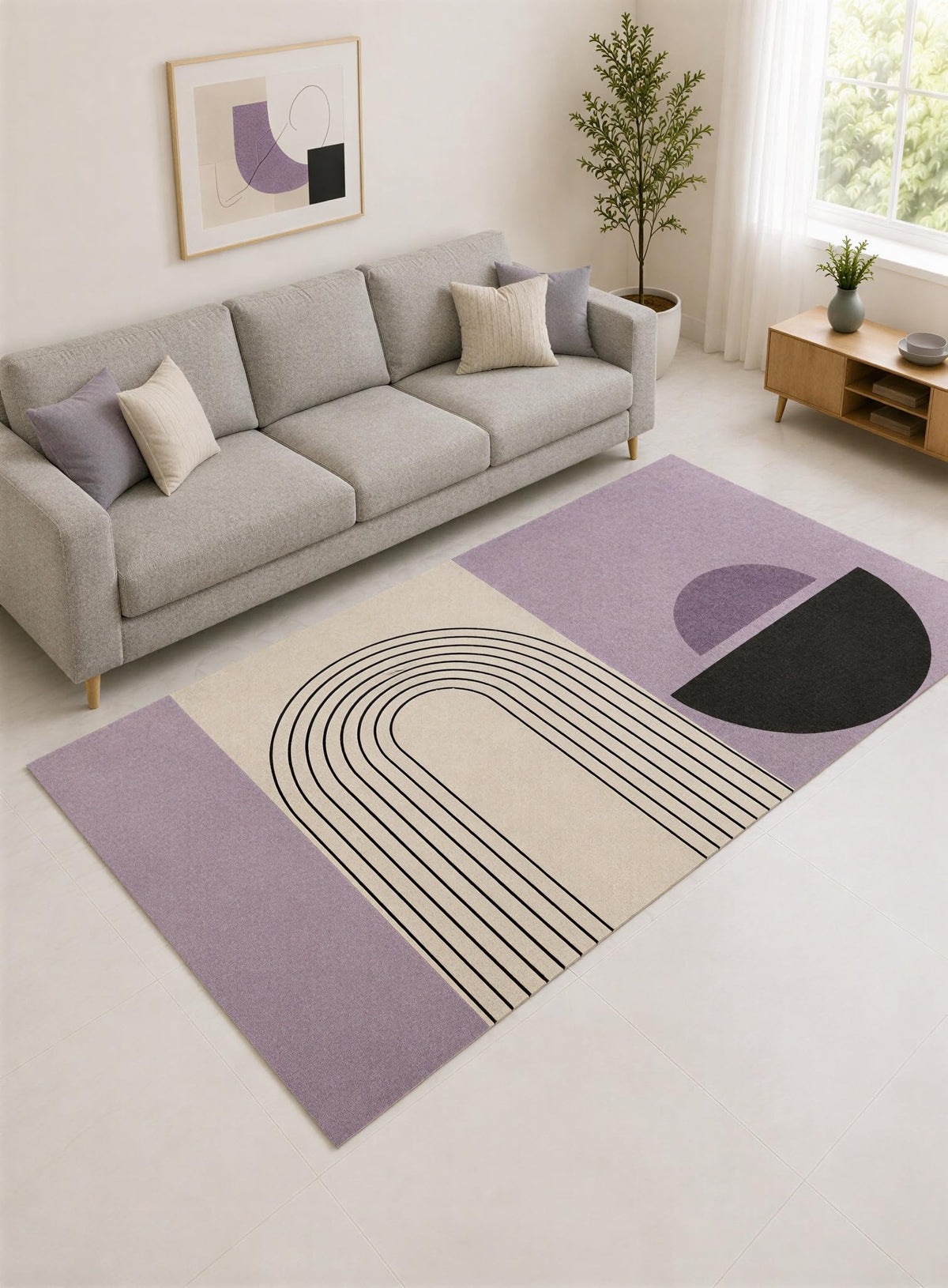 ICE ARMOR "Ultra Lightweight Large 6'7" x 9'10" Lavender and Cream Modern Rainbow Arch Area Rug for Living Room, Bedroom and Home Office, Soft Low Pile Carpet with Non-Slip Silicone Backing