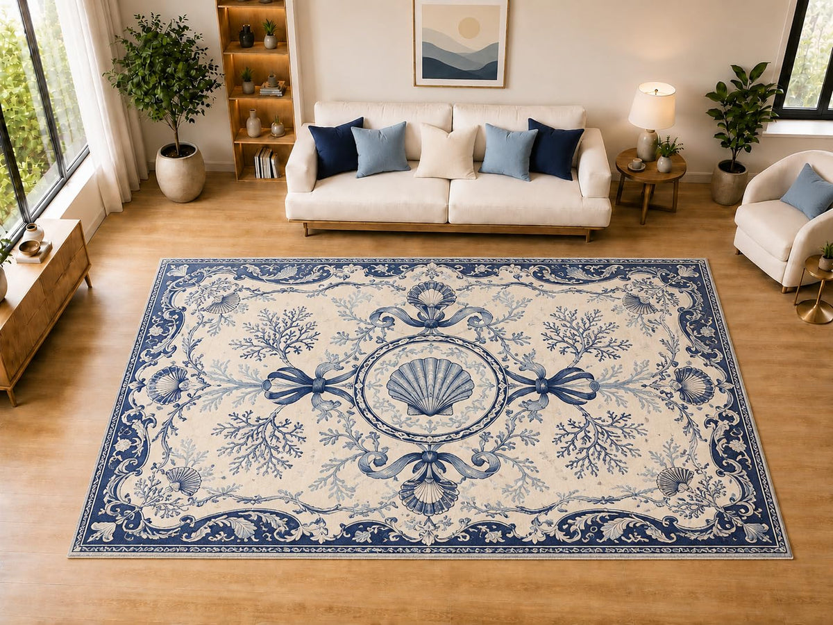 ICE ARMOR "Ultra Light Weight Large 6'7" x 9'10" Scallop Coral Medallion Area Rug for Dining, Living Room, Bedroom, Soft Low Pile Indoor Rug with Non-Slip Silicone Backing, Navy Cream