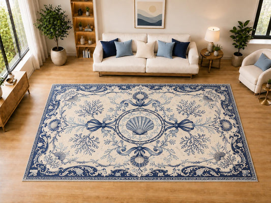 ICE ARMOR "Ultra Light Weight Large 6'7" x 9'10" Scallop Coral Medallion Area Rug for Dining, Living Room, Bedroom, Soft Low Pile Indoor Rug with Non-Slip Silicone Backing, Navy Cream