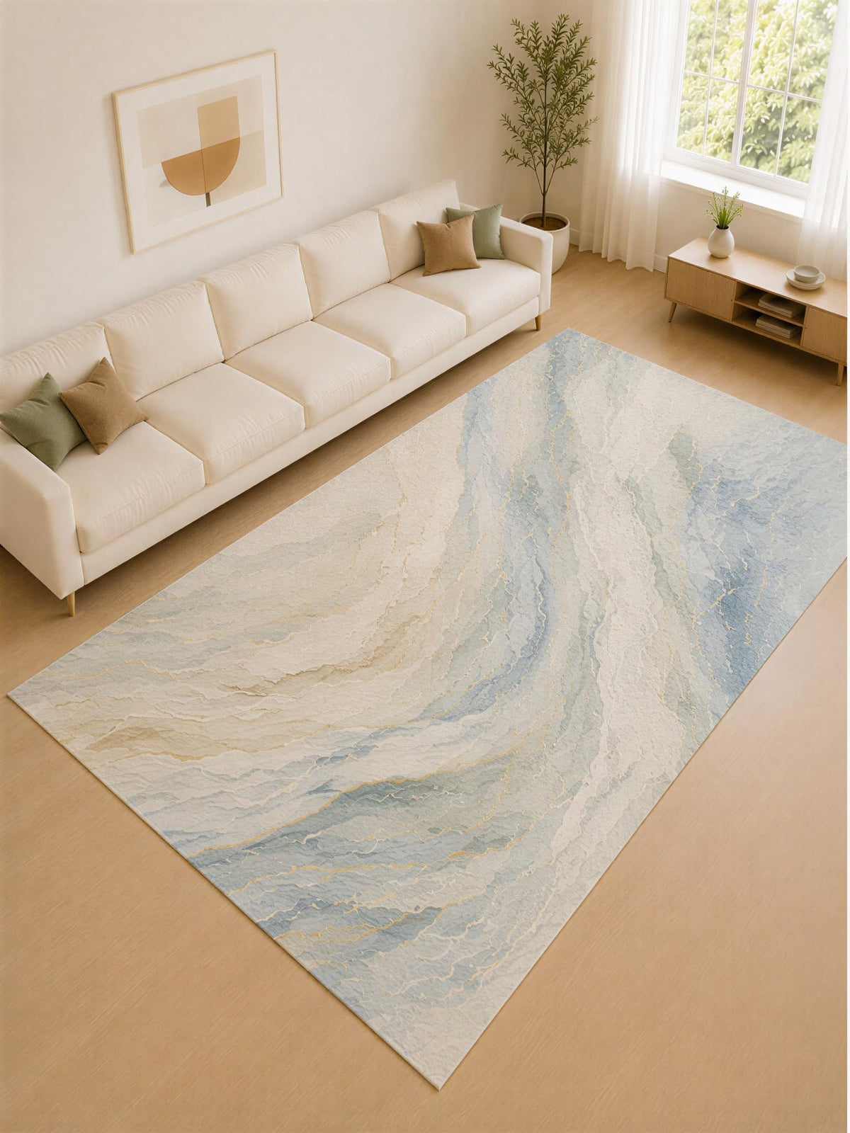 ICE ARMOR Large 6'7" x 9'10" Green and Cream Misty Hills Area Rug for Living Room, Soft Low Pile Carpet with Non-Slip Silicone Backing, Decor for Bedroom and Home Office