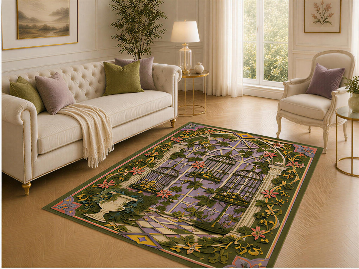 ICE ARMOR 5' x 7' Haunted Conservatory Rug, Iron Birdcages, Climbing Vines and Floral Gothic Design, Smooth Printed Floor Cover for Bedroom, Living Room, Library and Dark Academia Decor