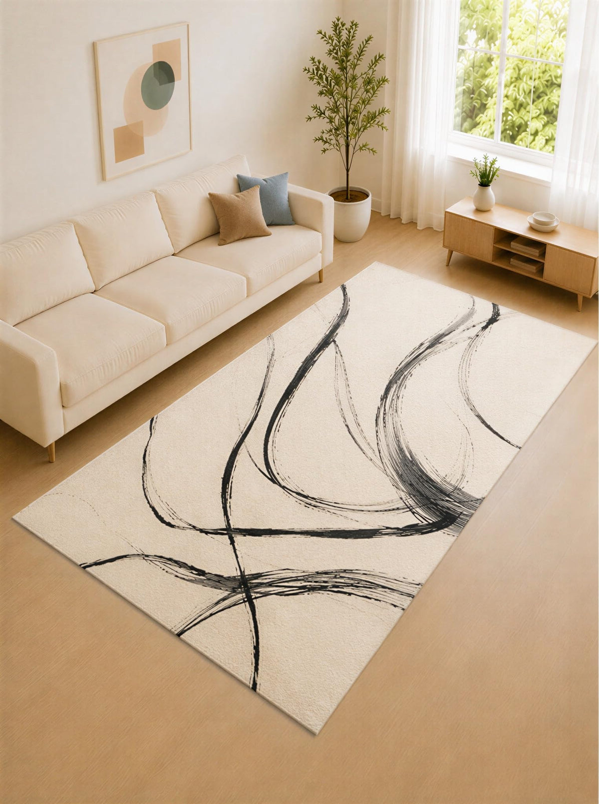ICE ARMOR Large 6'7" x 9'10" Charcoal Gray and Ivory Curved Strokes Area Rug for Living Room, Soft Low Pile Carpet with Non-Slip Silicone Backing, Decor for Bedroom and Home Office