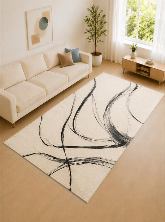 ICE ARMOR Large 6'7" x 9'10" Charcoal Gray and Ivory Curved Strokes Area Rug for Living Room, Soft Low Pile Carpet with Non-Slip Silicone Backing, Decor for Bedroom and Home Office