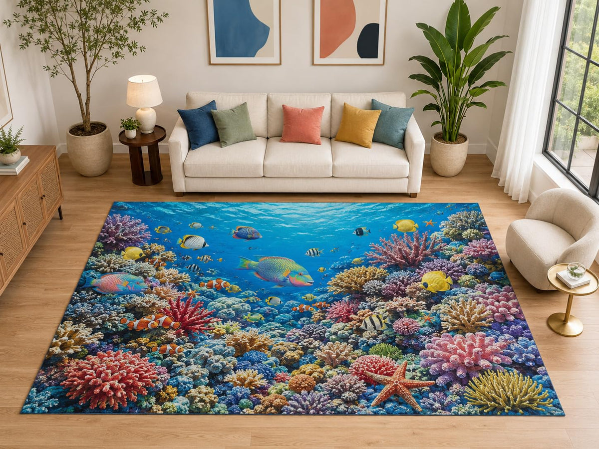 ICE ARMOR "Ultra Light Weight Large 6'7" x 9'10" Tropical Coral Reef Fish Area Rug for Living Room, Soft Low Pile Indoor Rug and Non-Slip Silicone Backing, Blue