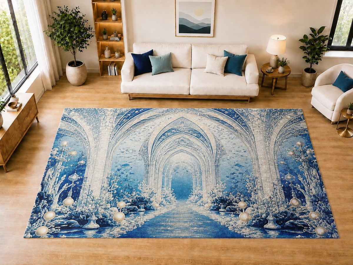 ICE ARMOR "Ultra Light Weight Large 6'7" x 9'10" Underwater Gothic Archway Area Rug for Living Room, Bedroom, Dining Room, Soft Low Pile Non-Slip Backing, Blue Ivory
