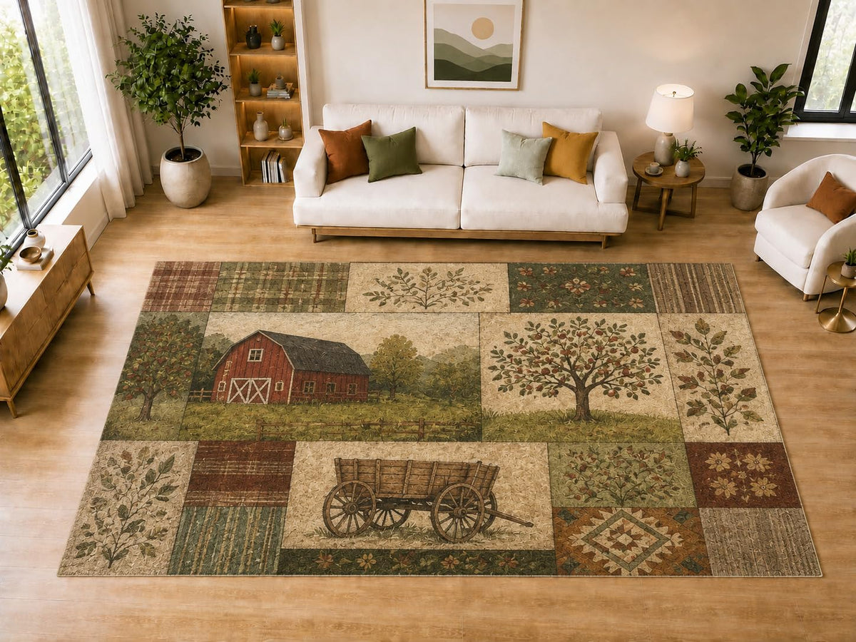 ICE ARMOR "Ultra Light Weight Large 6'7" x 9'10" Barn Apple Quilt Area Rug for Dining, Living Room, Bedroom, Soft Low Pile Indoor Rug with Non-Slip Silicone Backing, Brown Green