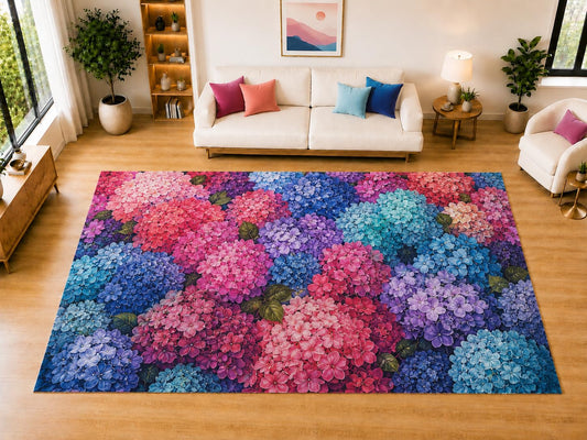 ICE ARMOR "Ultra Light Weight Large 6'7" x 9'10" Hydrangea Garden Area Rug for Living Room Bedroom Dining Room, Soft Low Pile Non-Slip Backing, Pink Blue Purple Teal Floral Decor