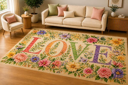 ICE ARMOR 5' x 7' Cottage Garden Love Area Rug, Soft Low Pile Indoor Rug with Non-Slip Silicone Backing, Decorative Carpet for Living Room, Bedroom, Family Room, Beige Pastel