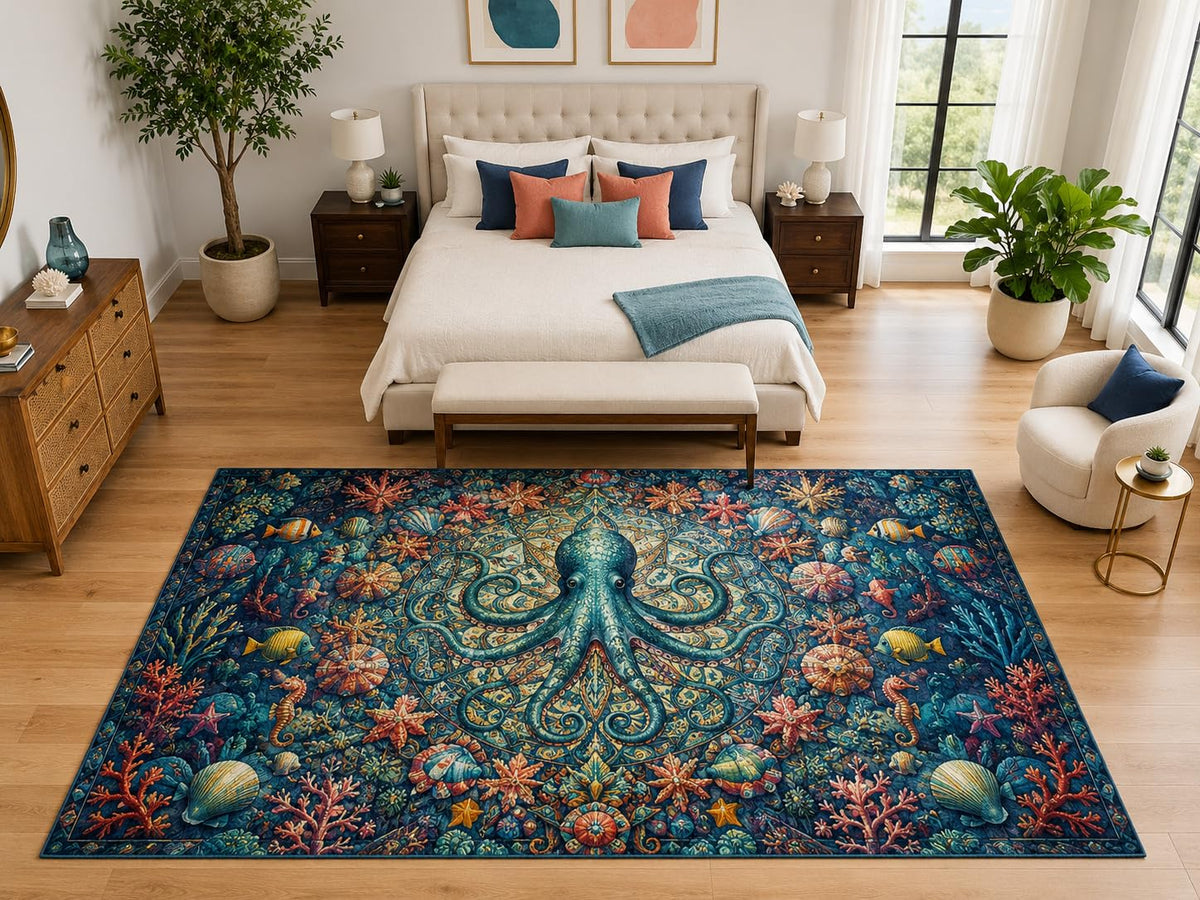 ICE ARMOR "Ultra Light Weight Large 6'7" x 9'10" Octopus Mandala Rug for Bedroom, Soft Low Pile Indoor Rug and Non-Slip Silicone Backing, Navy Blue