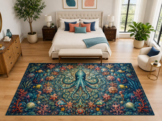 ICE ARMOR "Ultra Light Weight Large 6'7" x 9'10" Octopus Mandala Rug for Bedroom, Soft Low Pile Indoor Rug and Non-Slip Silicone Backing, Navy Blue