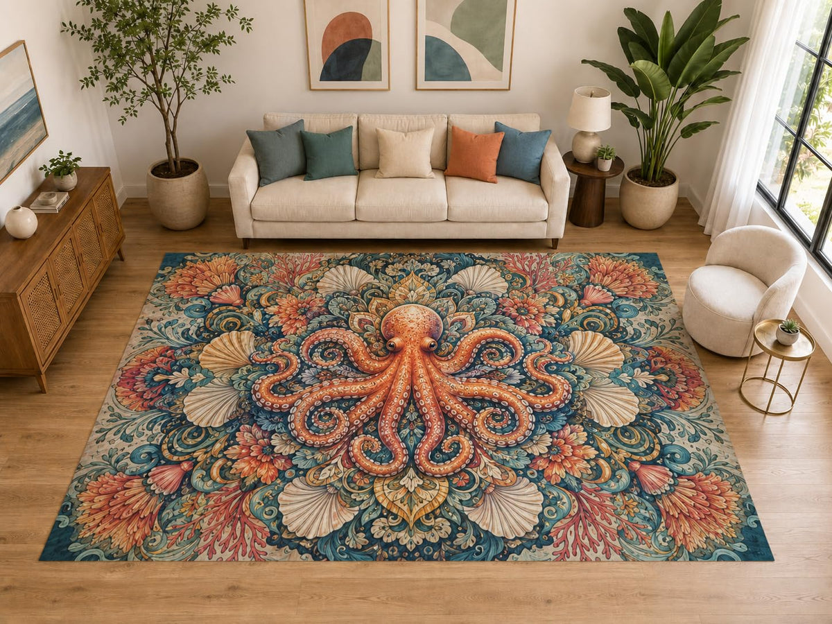 ICE ARMOR "Ultra Light Weight Large 6'7" x 9'10" Octopus Floral Rug for Living Room, Soft Low Pile Indoor Rug and Non-Slip Silicone Backing, Blue