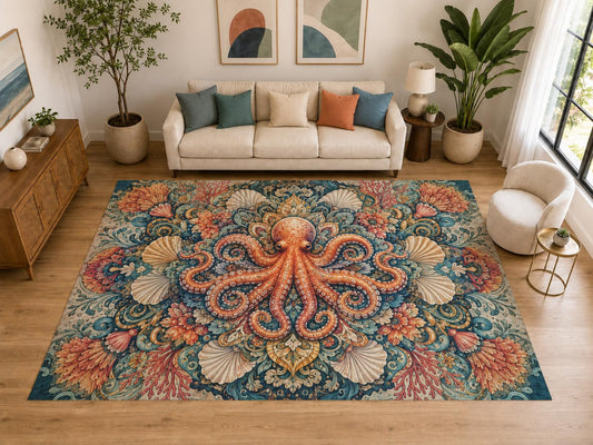 ICE ARMOR "Ultra Light Weight Large 6'7" x 9'10" Octopus Floral Rug for Living Room, Soft Low Pile Indoor Rug and Non-Slip Silicone Backing, Blue