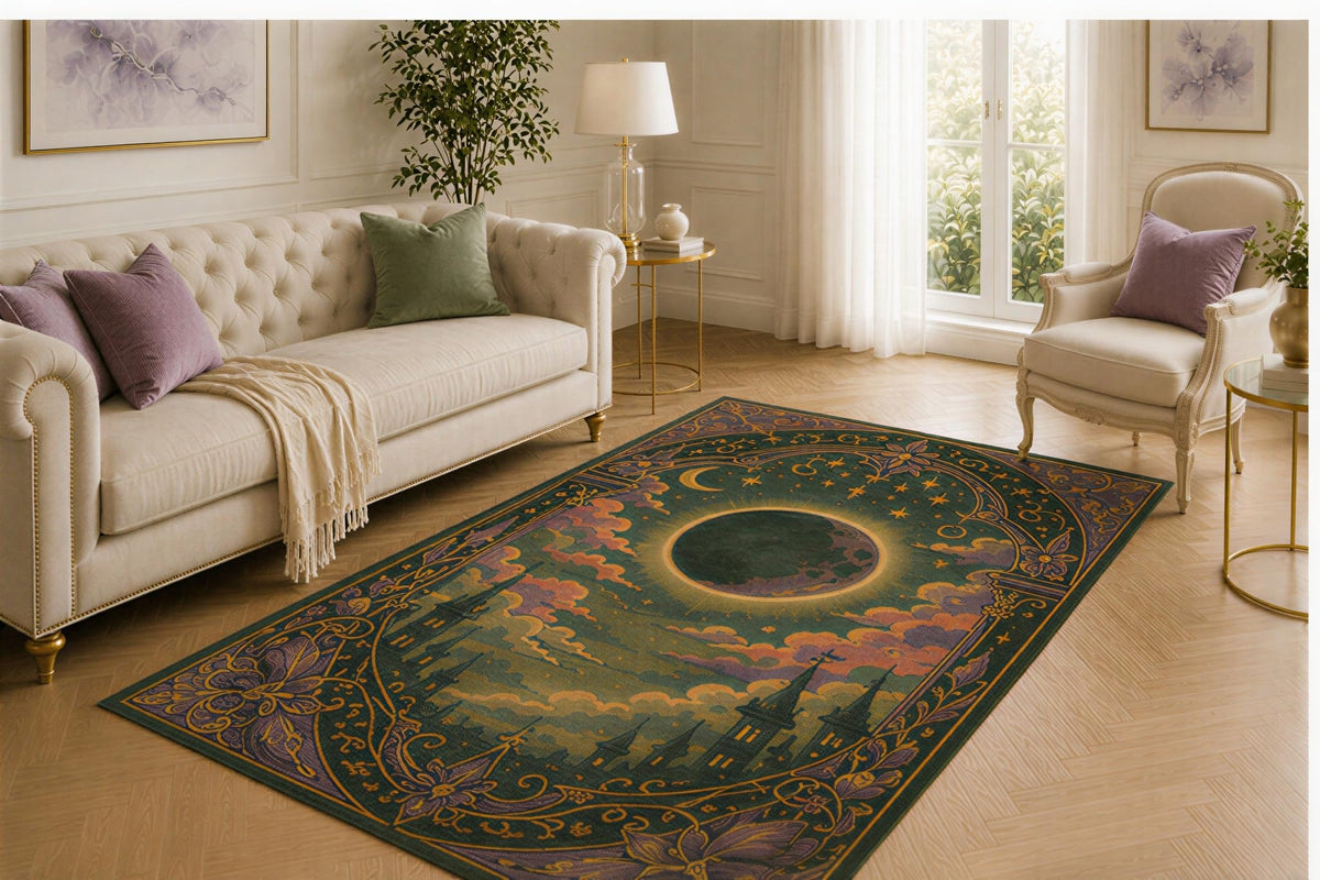 ICE ARMOR 5' x 7' Eclipse Castle Rug, Moonlit Skyline and Floral Border Design, Smooth Printed Floor Cover for Bedroom, Library, Office and Gothic Home Decor