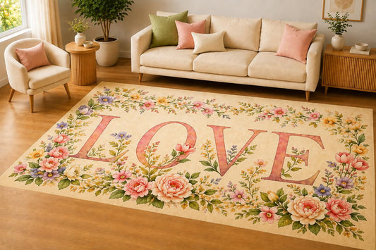 ICE ARMOR 5' x 7' Vintage Floral Garland Love Area Rug, Soft Low Pile Indoor Rug with Non-Slip Silicone Backing, Decorative Carpet for Living Room, Bedroom, Office, Beige Pastel