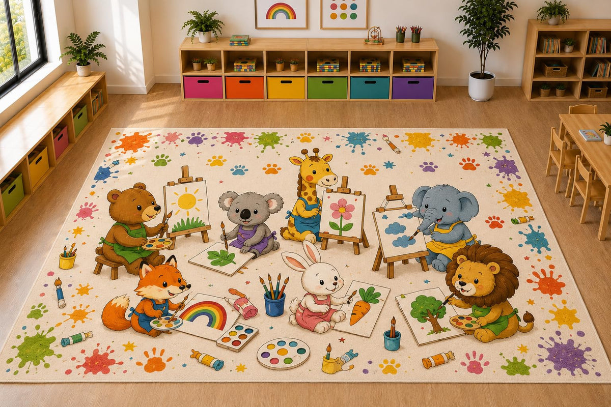 ICE ARMOR Large 6'7" x 9'10" Animal Art Class Kids Area Rug, Soft Low Pile Indoor Rug with Non-Slip Silicone Backing for Playroom, Nursery, Ivory