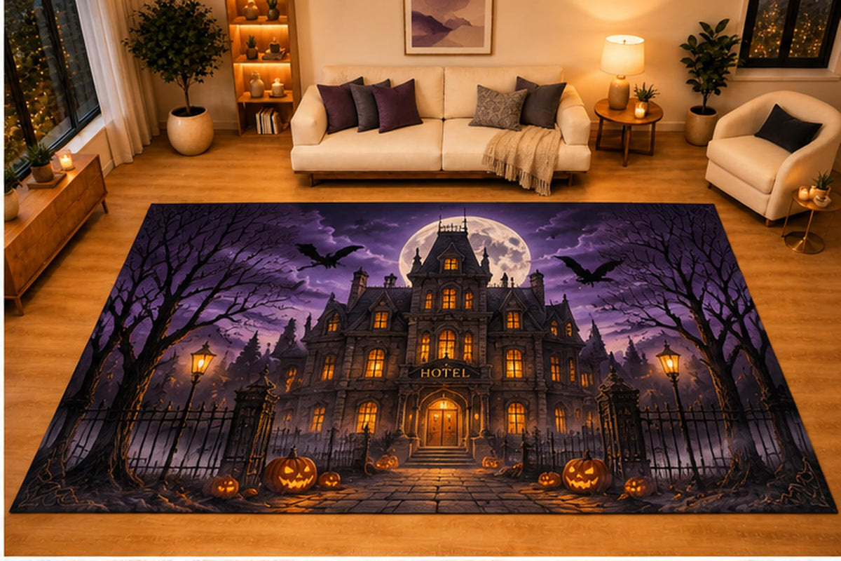 ICE ARMOR "Ultra Light Weight Large 6'7" x 9'10" Haunted Hotel Full Moon Pumpkin Area Rug for Living Room Bedroom, Soft Low Pile Non-Slip Backing, Black Purple Halloween Gothic Decor