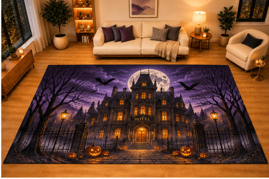 ICE ARMOR "Ultra Light Weight Large 6'7" x 9'10" Haunted Hotel Full Moon Pumpkin Area Rug for Living Room Bedroom, Soft Low Pile Non-Slip Backing, Black Purple Halloween Gothic Decor
