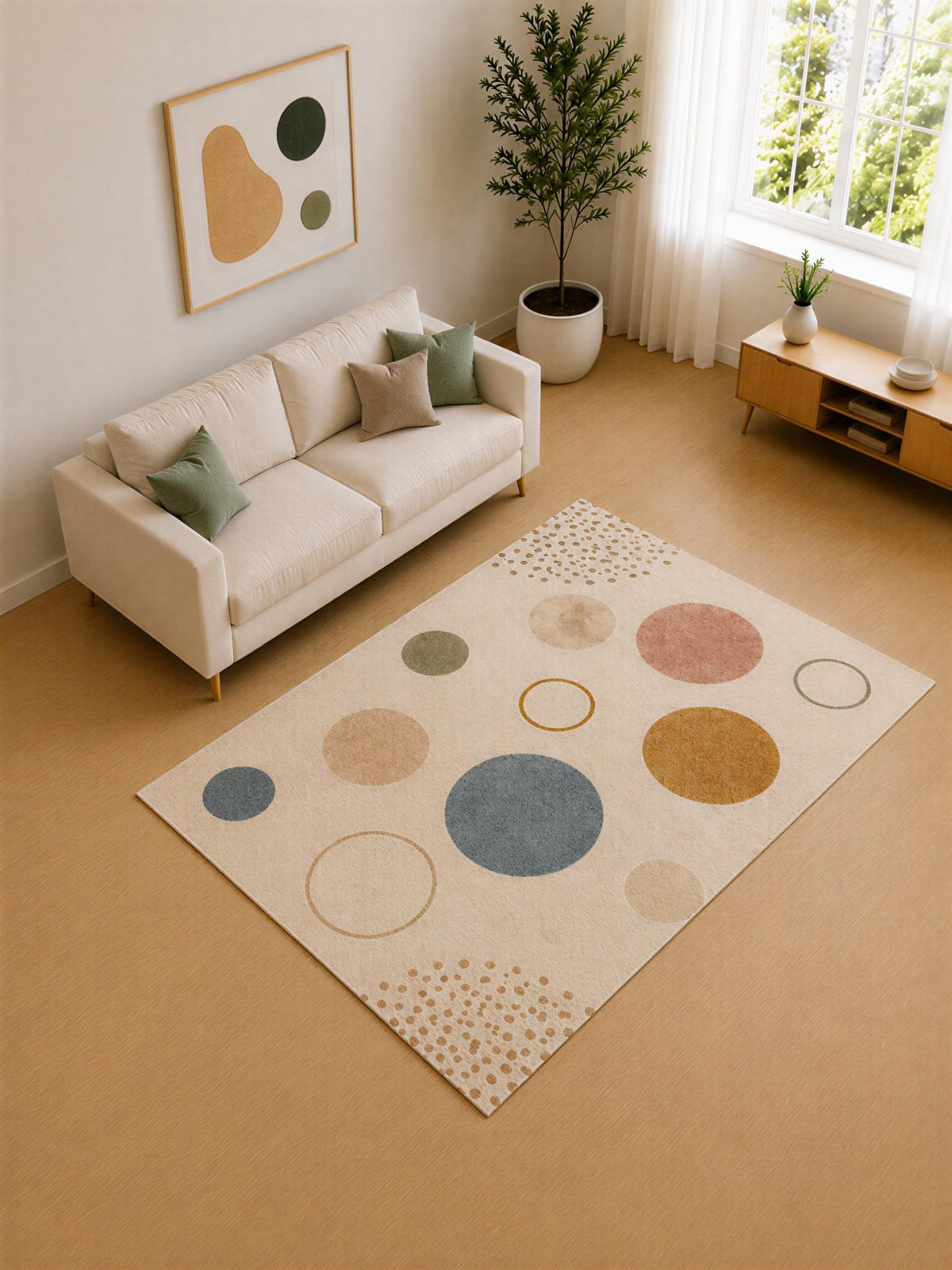 ICE ARMOR 5' x 7' Blush Pink and Blue Circle Harmony Area Rug for Living Room, Soft Low Pile Carpet with Non-Slip Silicone Backing, Decor for Bedroom and Home Office
