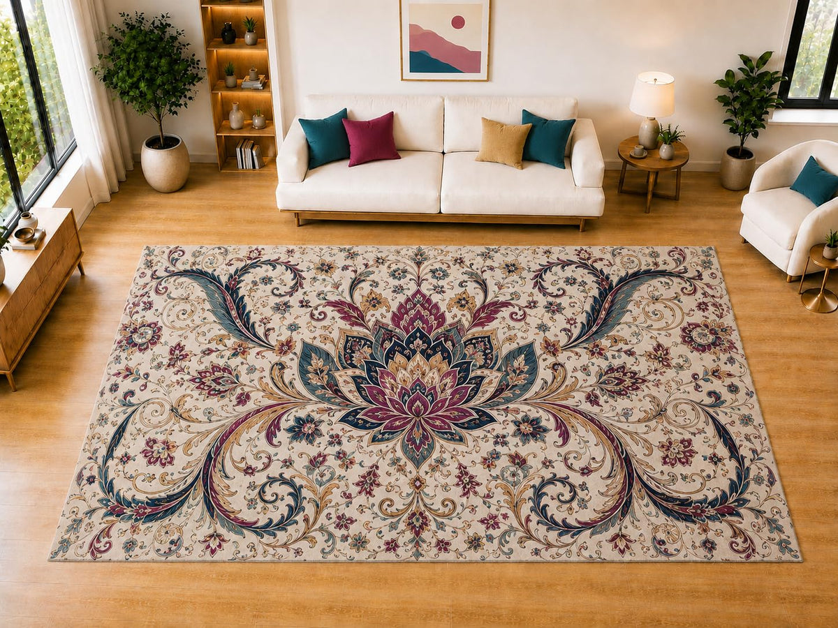 ICE ARMOR "Ultra Light Weight Large 6'7" x 9'10" Jewel Lotus Vine Area Rug for Living Room, Bedroom, Dining Room, Soft Low Pile Non-Slip Backing, Navy Burgundy Teal
