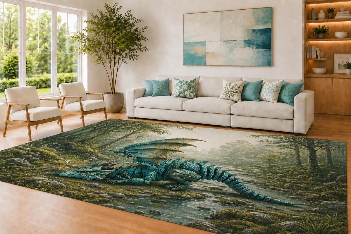 ICE ARMOR Large 6'7" x 9'10" Teal and Sage Forest Dragon Area Rug for Living Room, Soft Low Pile Carpet with Non-Slip Silicone Backing, Decor for Bedroom and Home Office