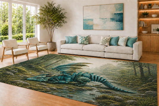 ICE ARMOR Large 6'7" x 9'10" Teal and Sage Forest Dragon Area Rug for Living Room, Soft Low Pile Carpet with Non-Slip Silicone Backing, Decor for Bedroom and Home Office