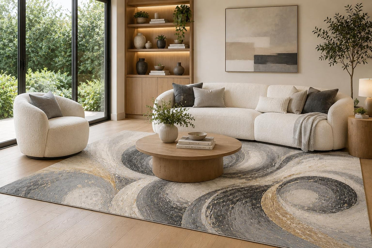 ICE ARMOR 6'7" x 9'10" Gray, Charcoal and Beige Circular Swirl Rings Area Rug for Living Room, Soft Low Pile Carpet with Non-Slip Backing, Floor Decor for Bedroom, Dining Room and Home Office