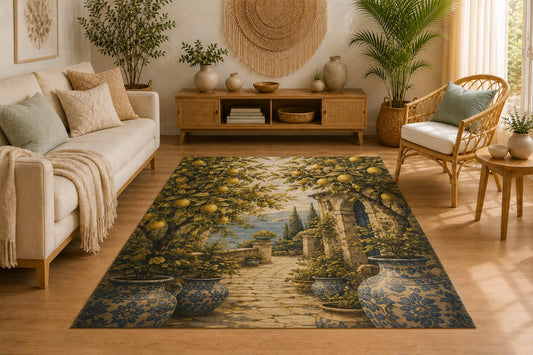 ICE ARMOR 5' x 7' Mediterranean Lemon Garden Area Rug for Living Room, Soft Low Pile Indoor Rug with Non-Slip Silicone Backing, Carpet for Bedroom, Office, Blue