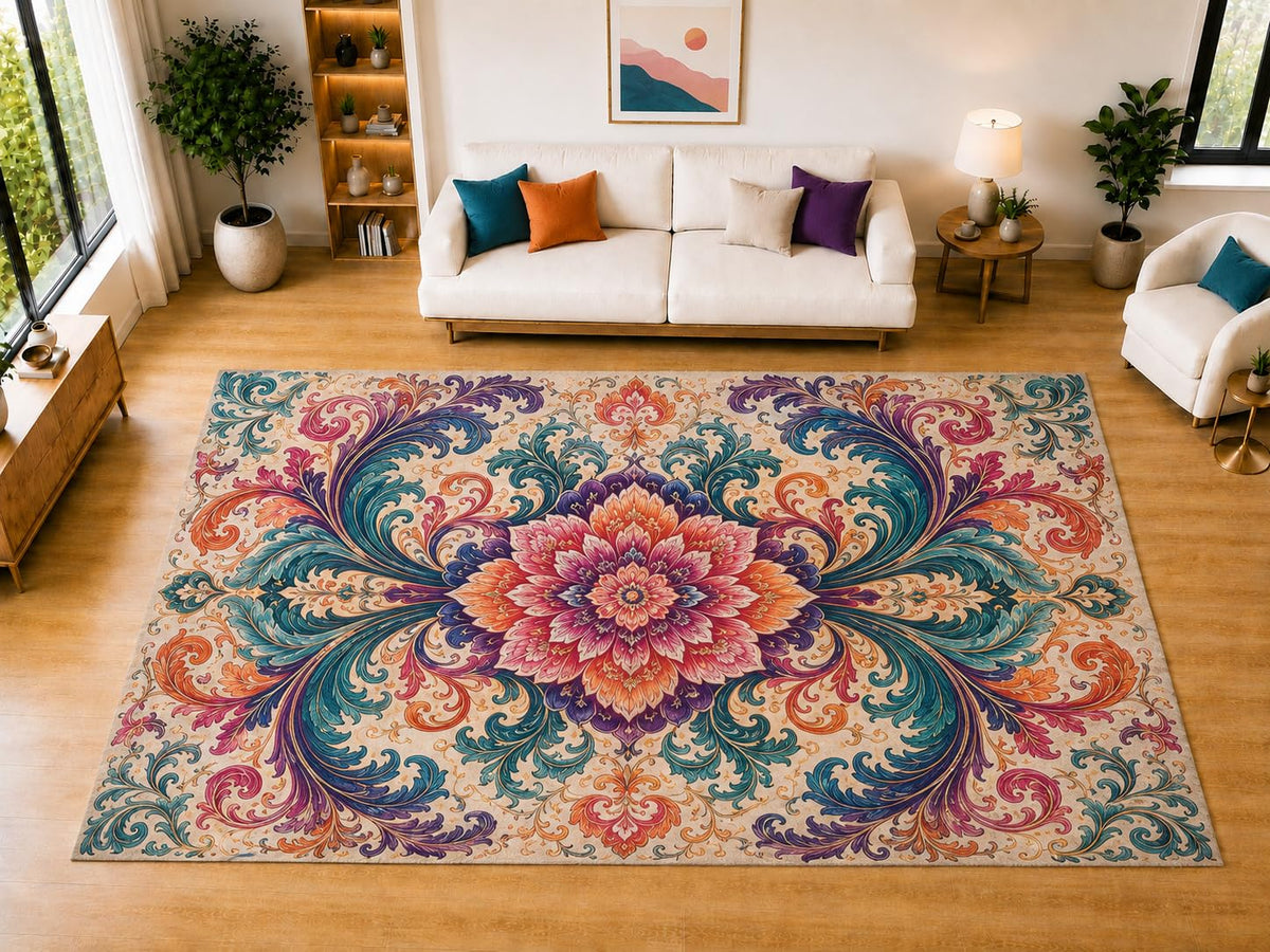 ICE ARMOR "Ultra Light Weight Large 6'7" x 9'10" Bright Peony Scroll Area Rug for Living Room, Bedroom, Dining Room, Soft Low Pile Non-Slip Backing, Coral Purple Teal