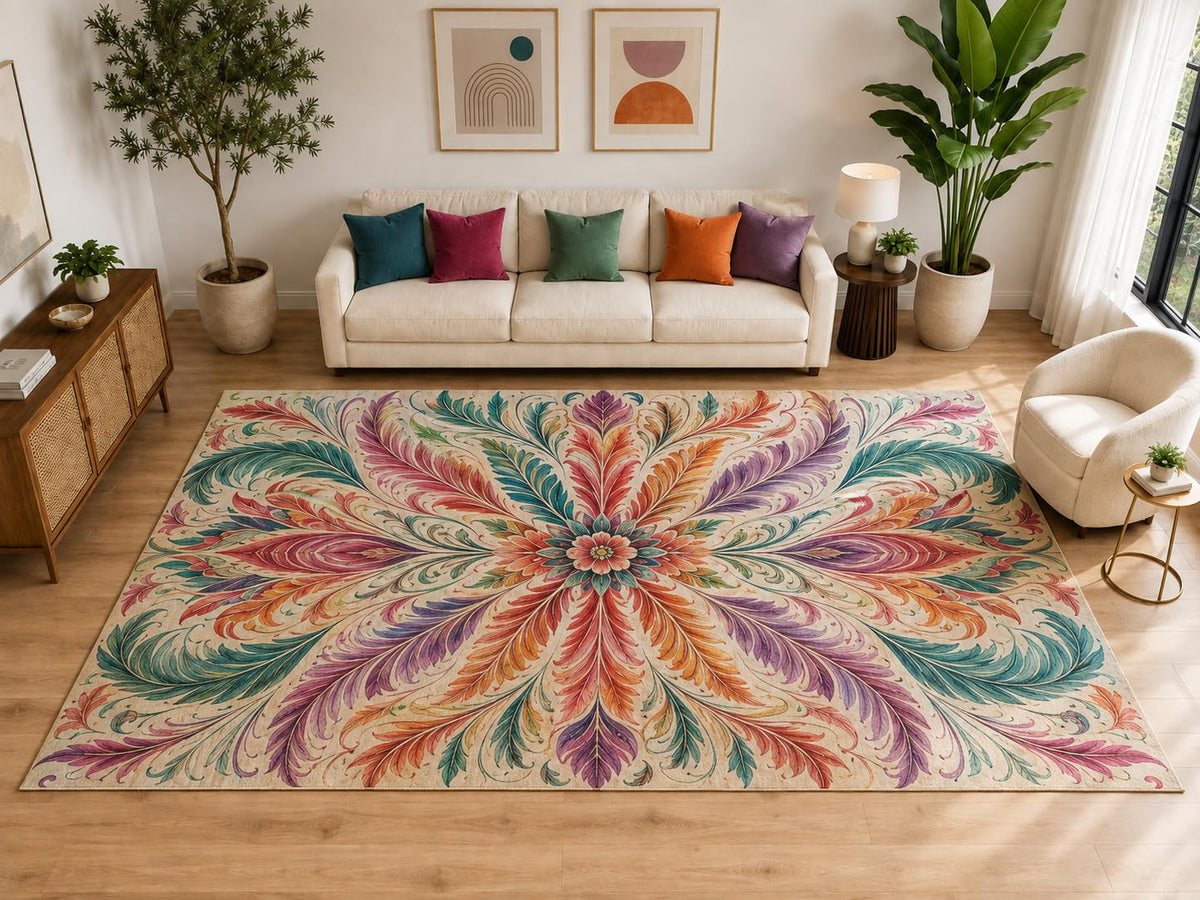 ICE ARMOR "Ultra Light Weight Large 6'7" x 9'10" Feather Floral Burst Rug, Soft Low Pile Indoor Rug, Non-Slip Silicone Backing for Living Room Beige